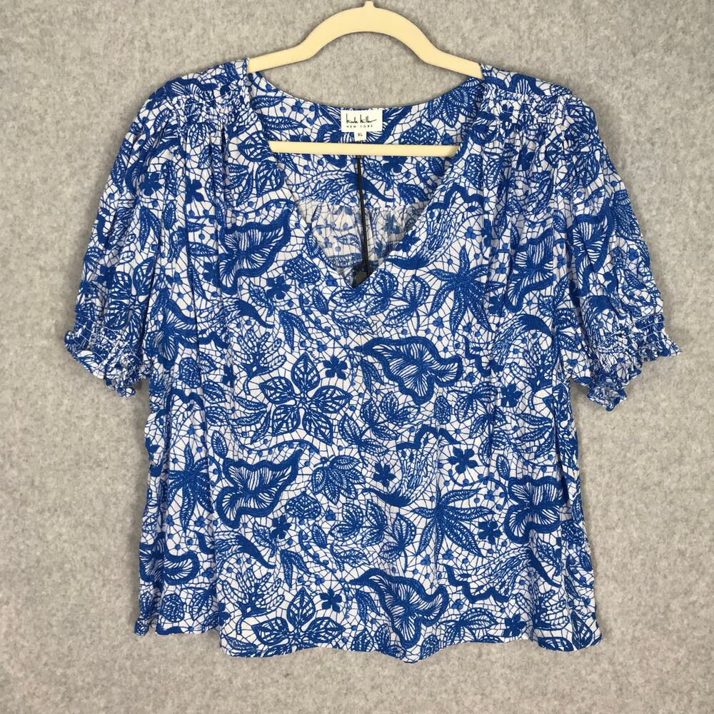 Nicole Miller Top Women XL Blue White Floral Blouse Ruffle Career Church Coastal